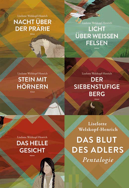 Collage der fünf Bände von Welskopf-Henrichs "Blut des Adlers"