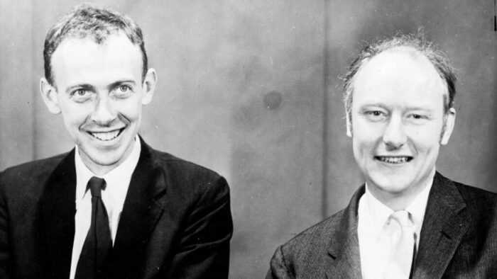 Schwarzweiß-Porträtfoto von James Watson und Francis Crick