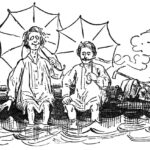 Schwarzweiß-Zeichnung von Mark Twain und seinem Begleiter auf Schweiz-Reise. Sie sitzen mit den Füßen im Wasser und haben einen Regenschirm in der Hand. Neben ihnen liegt ihre Wanderausrüstung.